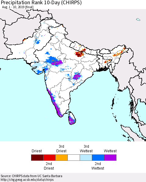 Southern Asia Precipitation Rank 10-Day (CHIRPS) Thematic Map For 8/1/2019 - 8/10/2019