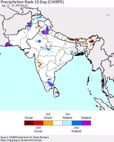 Southern Asia Precipitation Rank 10-Day (CHIRPS) Thematic Map For 8/11/2019 - 8/20/2019