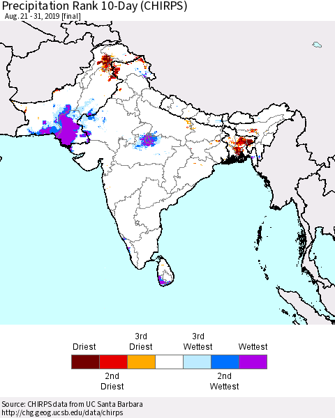Southern Asia Precipitation Rank 10-Day (CHIRPS) Thematic Map For 8/21/2019 - 8/31/2019