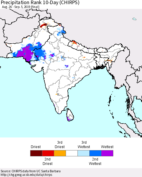 Southern Asia Precipitation Rank 10-Day (CHIRPS) Thematic Map For 8/26/2019 - 9/5/2019
