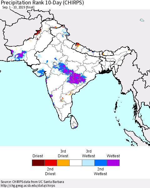 Southern Asia Precipitation Rank since 1981, 10-Day (CHIRPS) Thematic Map For 9/1/2019 - 9/10/2019
