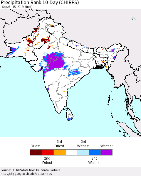 Southern Asia Precipitation Rank 10-Day (CHIRPS) Thematic Map For 9/6/2019 - 9/15/2019