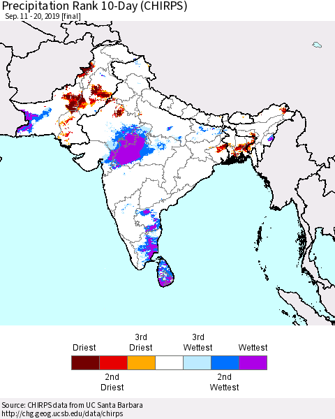 Southern Asia Precipitation Rank 10-Day (CHIRPS) Thematic Map For 9/11/2019 - 9/20/2019