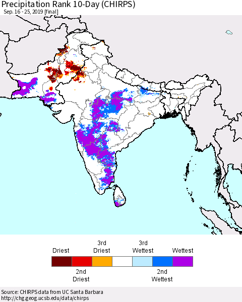 Southern Asia Precipitation Rank 10-Day (CHIRPS) Thematic Map For 9/16/2019 - 9/25/2019