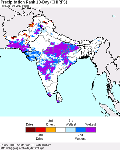 Southern Asia Precipitation Rank 10-Day (CHIRPS) Thematic Map For 9/21/2019 - 9/30/2019
