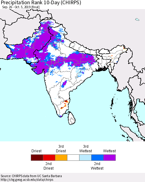 Southern Asia Precipitation Rank since 1981, 10-Day (CHIRPS) Thematic Map For 9/26/2019 - 10/5/2019