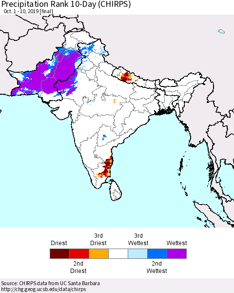 Southern Asia Precipitation Rank 10-Day (CHIRPS) Thematic Map For 10/1/2019 - 10/10/2019