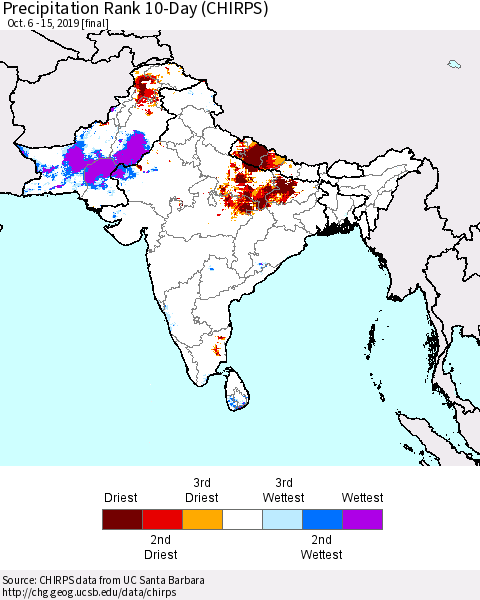 Southern Asia Precipitation Rank since 1981, 10-Day (CHIRPS) Thematic Map For 10/6/2019 - 10/15/2019