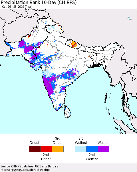 Southern Asia Precipitation Rank 10-Day (CHIRPS) Thematic Map For 10/16/2019 - 10/25/2019