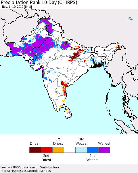 Southern Asia Precipitation Rank 10-Day (CHIRPS) Thematic Map For 11/1/2019 - 11/10/2019
