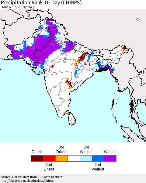 Southern Asia Precipitation Rank 10-Day (CHIRPS) Thematic Map For 11/6/2019 - 11/15/2019