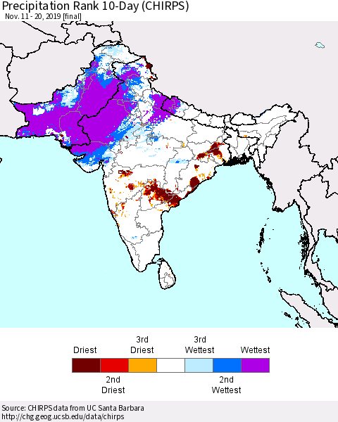 Southern Asia Precipitation Rank since 1981, 10-Day (CHIRPS) Thematic Map For 11/11/2019 - 11/20/2019