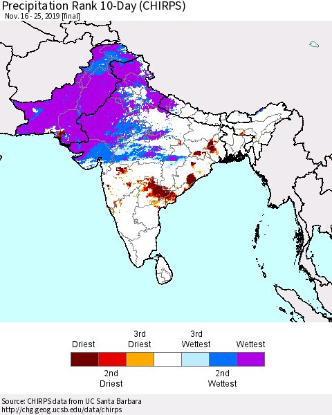Southern Asia Precipitation Rank 10-Day (CHIRPS) Thematic Map For 11/16/2019 - 11/25/2019