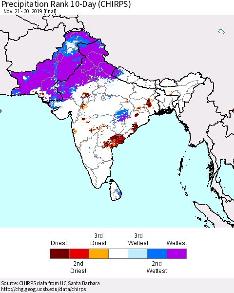 Southern Asia Precipitation Rank 10-Day (CHIRPS) Thematic Map For 11/21/2019 - 11/30/2019