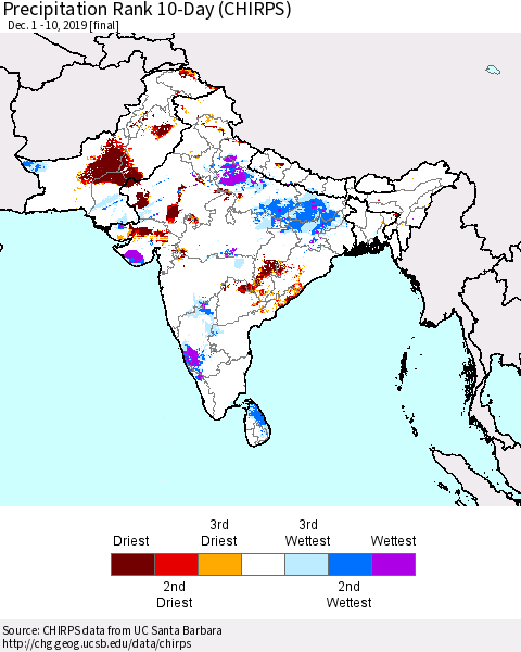Southern Asia Precipitation Rank 10-Day (CHIRPS) Thematic Map For 12/1/2019 - 12/10/2019