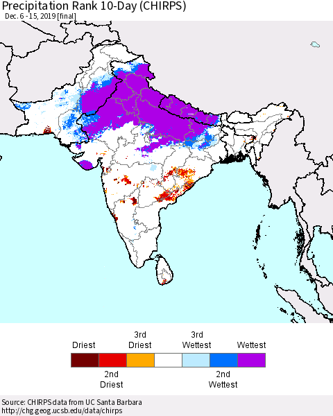 Southern Asia Precipitation Rank 10-Day (CHIRPS) Thematic Map For 12/6/2019 - 12/15/2019