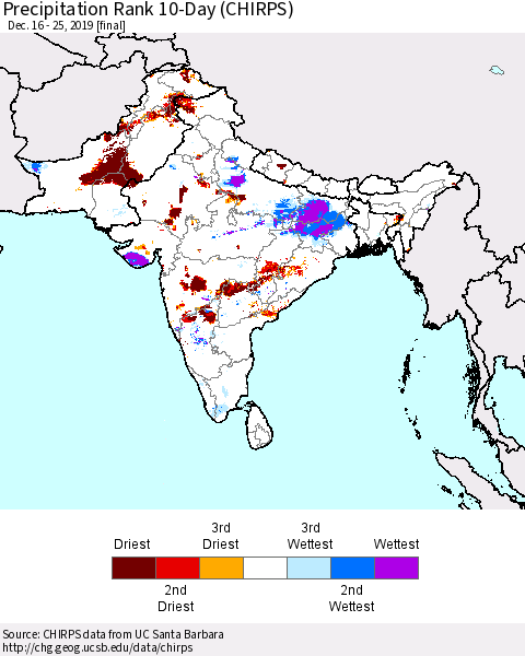 Southern Asia Precipitation Rank 10-Day (CHIRPS) Thematic Map For 12/16/2019 - 12/25/2019