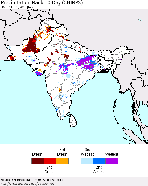 Southern Asia Precipitation Rank 10-Day (CHIRPS) Thematic Map For 12/21/2019 - 12/31/2019