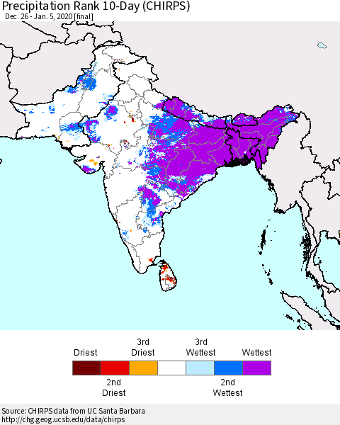 Southern Asia Precipitation Rank 10-Day (CHIRPS) Thematic Map For 12/26/2019 - 1/5/2020