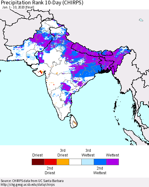 Southern Asia Precipitation Rank 10-Day (CHIRPS) Thematic Map For 1/1/2020 - 1/10/2020