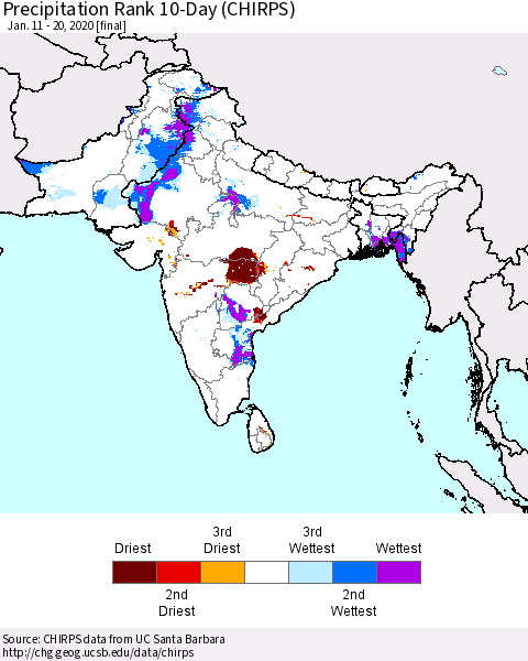 Southern Asia Precipitation Rank 10-Day (CHIRPS) Thematic Map For 1/11/2020 - 1/20/2020