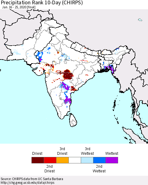 Southern Asia Precipitation Rank 10-Day (CHIRPS) Thematic Map For 1/16/2020 - 1/25/2020