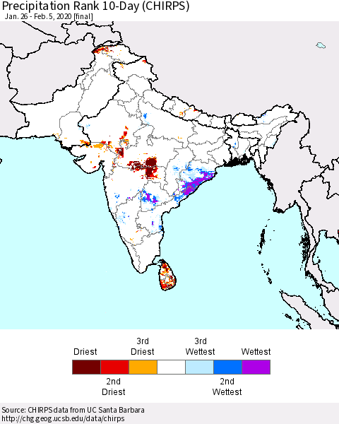 Southern Asia Precipitation Rank 10-Day (CHIRPS) Thematic Map For 1/26/2020 - 2/5/2020