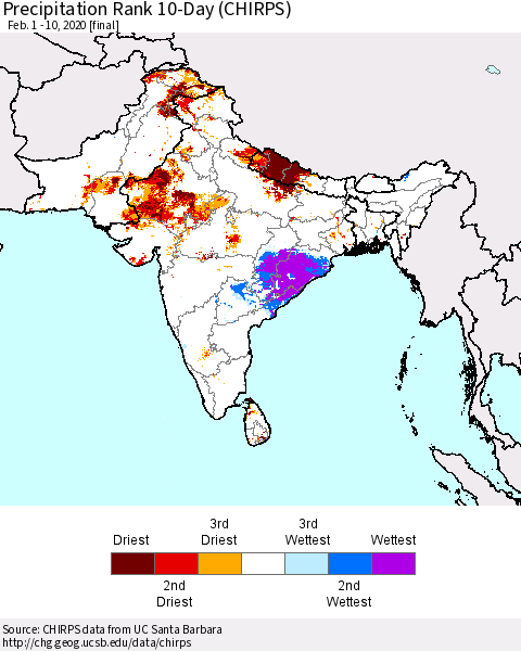 Southern Asia Precipitation Rank since 1981, 10-Day (CHIRPS) Thematic Map For 2/1/2020 - 2/10/2020