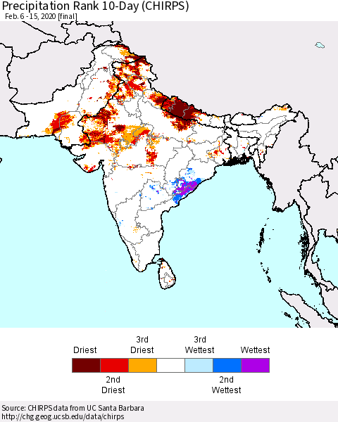 Southern Asia Precipitation Rank 10-Day (CHIRPS) Thematic Map For 2/6/2020 - 2/15/2020