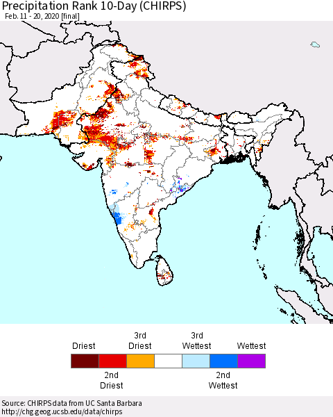 Southern Asia Precipitation Rank 10-Day (CHIRPS) Thematic Map For 2/11/2020 - 2/20/2020