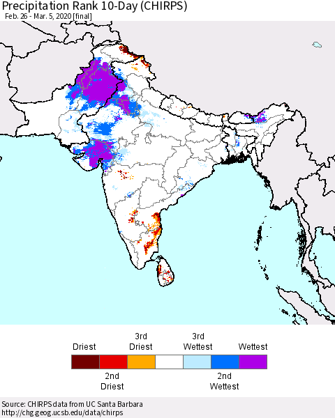 Southern Asia Precipitation Rank 10-Day (CHIRPS) Thematic Map For 2/26/2020 - 3/5/2020