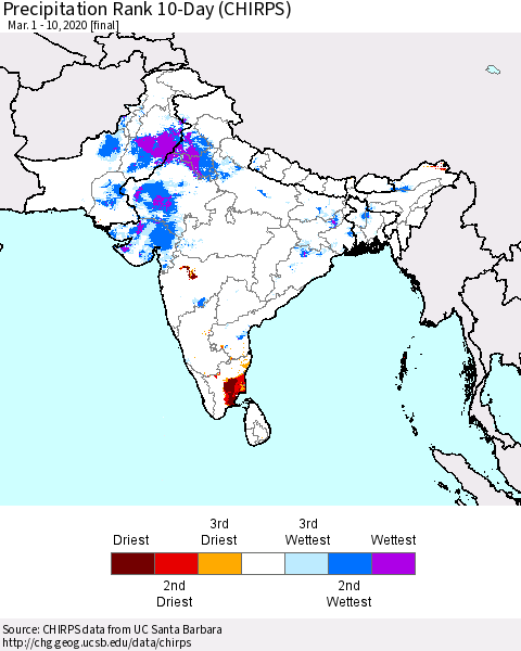 Southern Asia Precipitation Rank 10-Day (CHIRPS) Thematic Map For 3/1/2020 - 3/10/2020