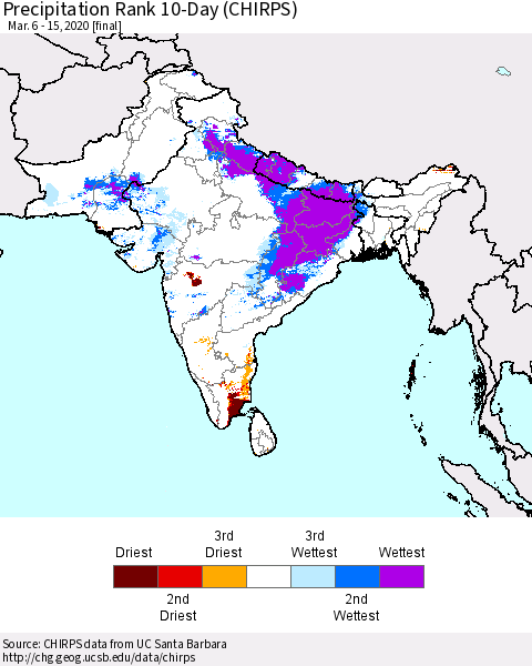 Southern Asia Precipitation Rank 10-Day (CHIRPS) Thematic Map For 3/6/2020 - 3/15/2020