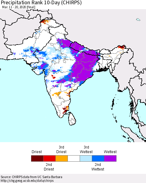 Southern Asia Precipitation Rank 10-Day (CHIRPS) Thematic Map For 3/11/2020 - 3/20/2020