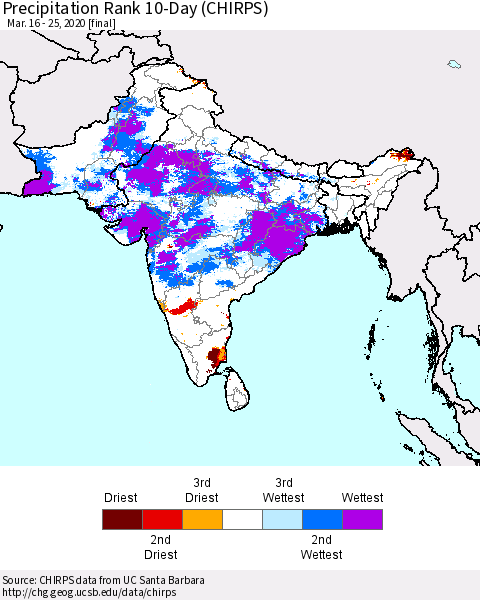 Southern Asia Precipitation Rank 10-Day (CHIRPS) Thematic Map For 3/16/2020 - 3/25/2020