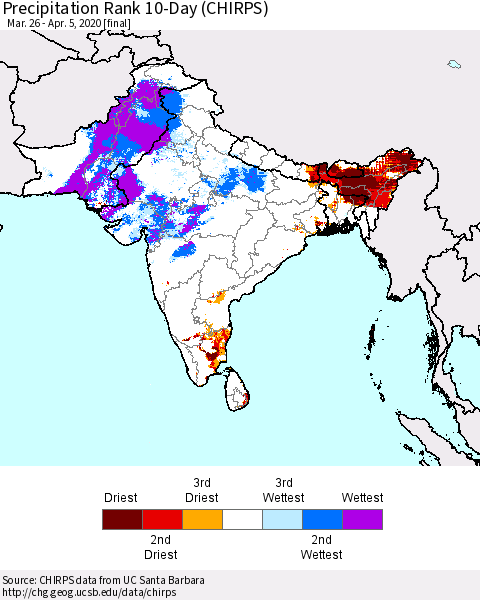 Southern Asia Precipitation Rank since 1981, 10-Day (CHIRPS) Thematic Map For 3/26/2020 - 4/5/2020