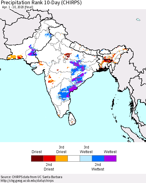 Southern Asia Precipitation Rank 10-Day (CHIRPS) Thematic Map For 4/1/2020 - 4/10/2020