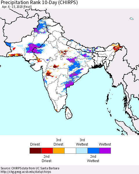 Southern Asia Precipitation Rank 10-Day (CHIRPS) Thematic Map For 4/6/2020 - 4/15/2020