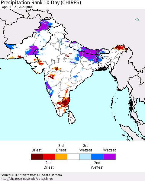 Southern Asia Precipitation Rank since 1981, 10-Day (CHIRPS) Thematic Map For 4/11/2020 - 4/20/2020