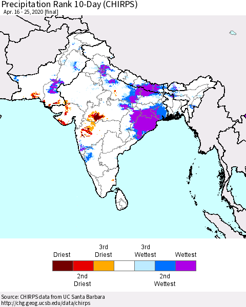Southern Asia Precipitation Rank 10-Day (CHIRPS) Thematic Map For 4/16/2020 - 4/25/2020