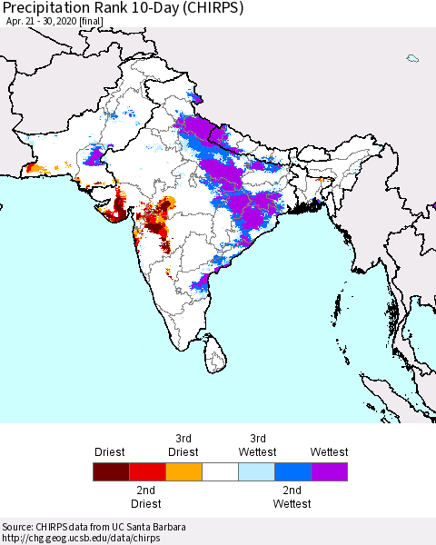 Southern Asia Precipitation Rank 10-Day (CHIRPS) Thematic Map For 4/21/2020 - 4/30/2020
