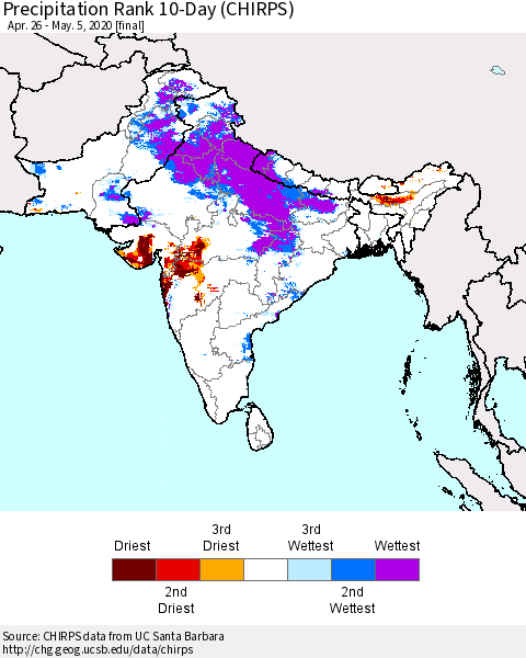 Southern Asia Precipitation Rank 10-Day (CHIRPS) Thematic Map For 4/26/2020 - 5/5/2020