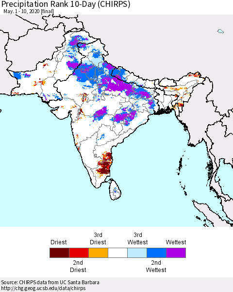 Southern Asia Precipitation Rank 10-Day (CHIRPS) Thematic Map For 5/1/2020 - 5/10/2020