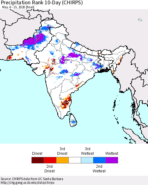 Southern Asia Precipitation Rank since 1981, 10-Day (CHIRPS) Thematic Map For 5/6/2020 - 5/15/2020