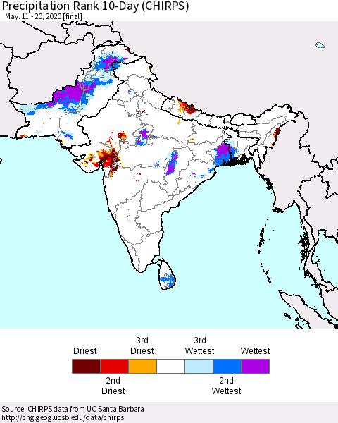 Southern Asia Precipitation Rank 10-Day (CHIRPS) Thematic Map For 5/11/2020 - 5/20/2020