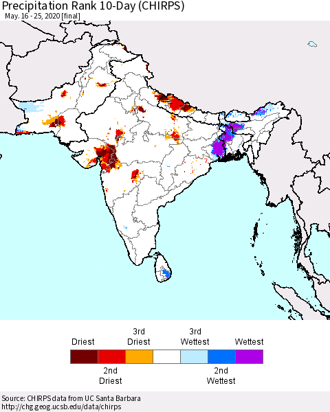 Southern Asia Precipitation Rank since 1981, 10-Day (CHIRPS) Thematic Map For 5/16/2020 - 5/25/2020