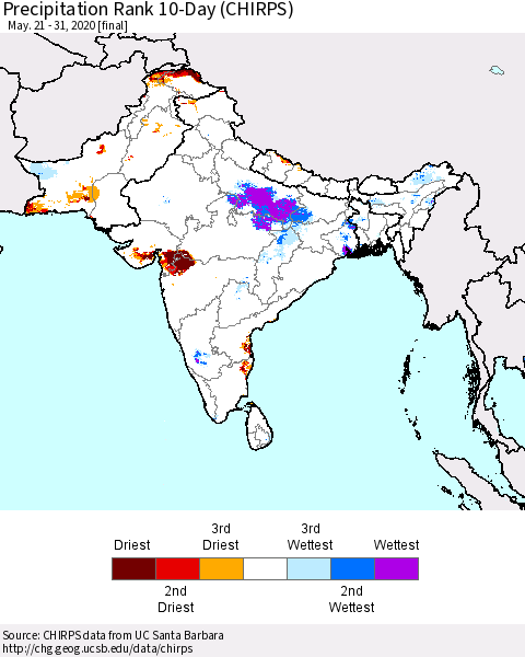 Southern Asia Precipitation Rank 10-Day (CHIRPS) Thematic Map For 5/21/2020 - 5/31/2020