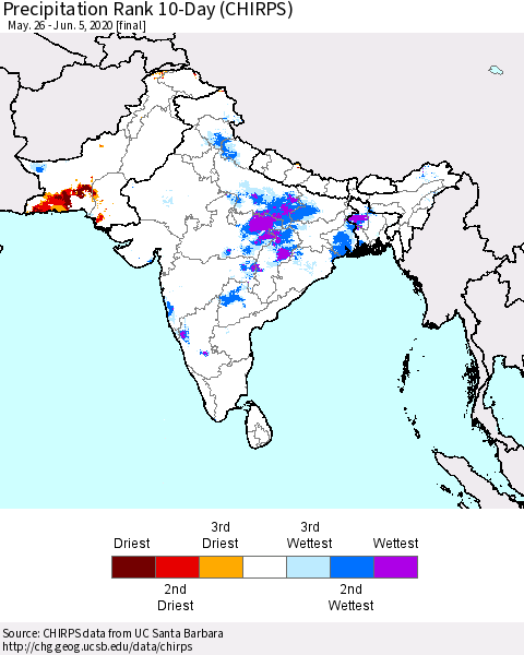 Southern Asia Precipitation Rank 10-Day (CHIRPS) Thematic Map For 5/26/2020 - 6/5/2020