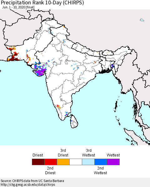 Southern Asia Precipitation Rank 10-Day (CHIRPS) Thematic Map For 6/1/2020 - 6/10/2020