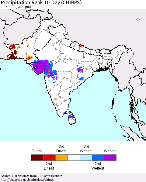 Southern Asia Precipitation Rank 10-Day (CHIRPS) Thematic Map For 6/6/2020 - 6/15/2020